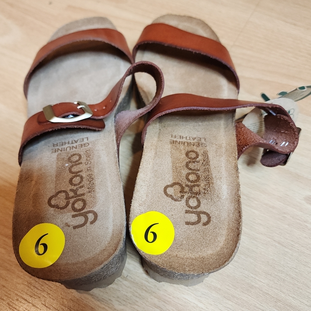NWT Yokono Brown Leather Wedge Sandals Womens 9 Double Buckle Straps - Picture 13 of 16